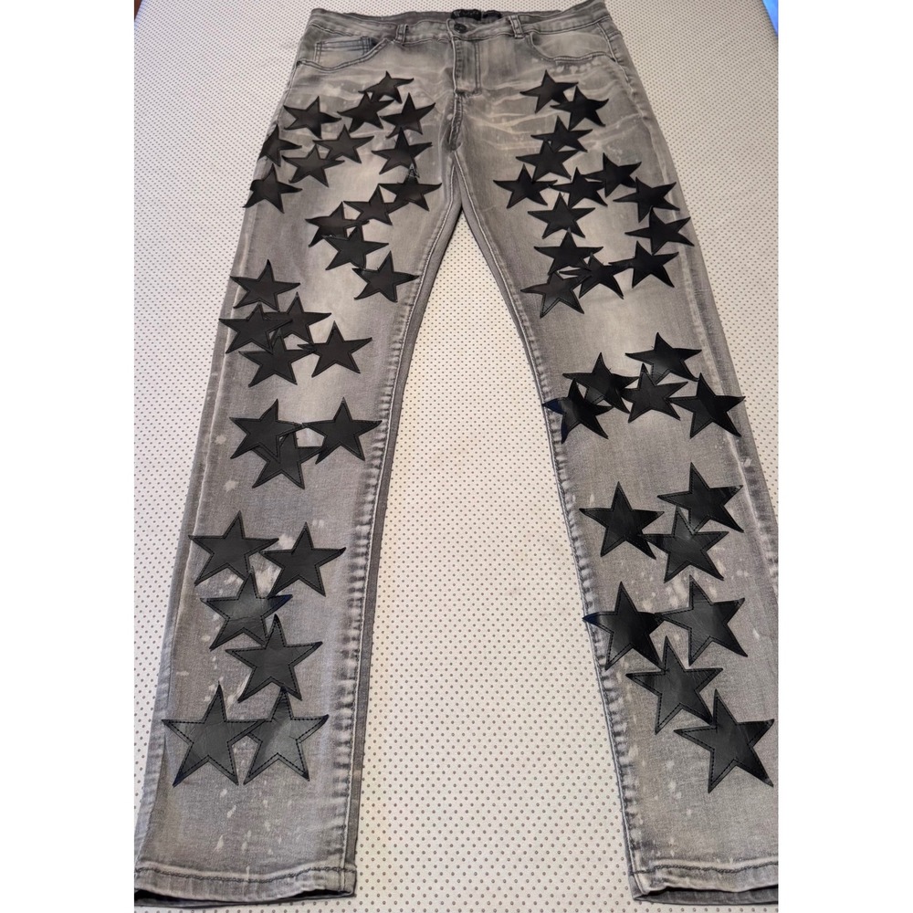 Waimea Mens Skinny Fit Gray Jeans Black Leather Star Applique Streetwear 34x32
